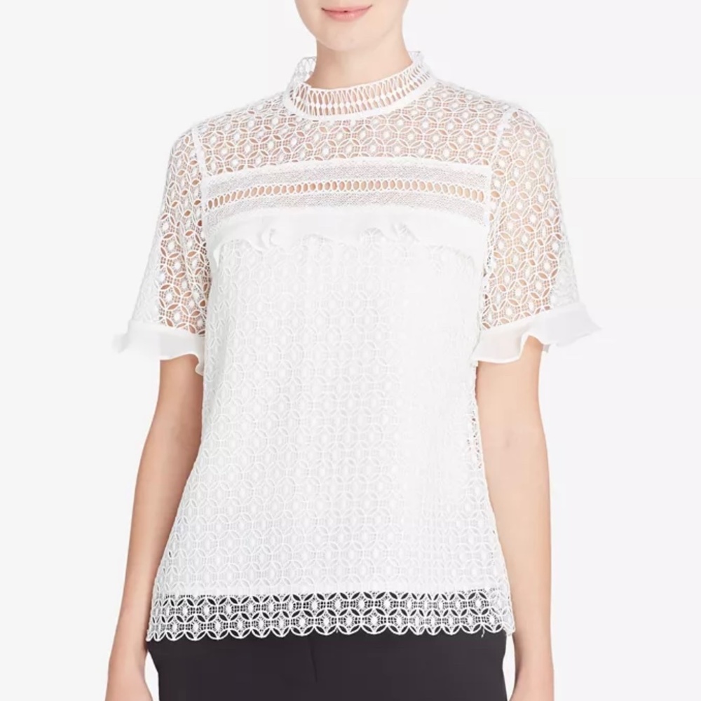 Catherine Catherine Malandrino Lace Blouse Mock Neck White Medium
